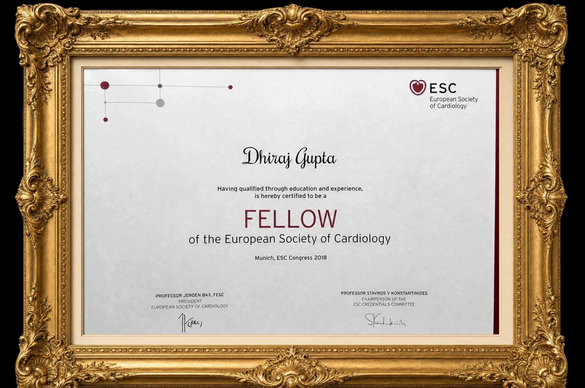 Fellow of the European Society of Cardiology certificate awarded to Dhiraj Gupta at the ESC Congress in Munich, 2018.