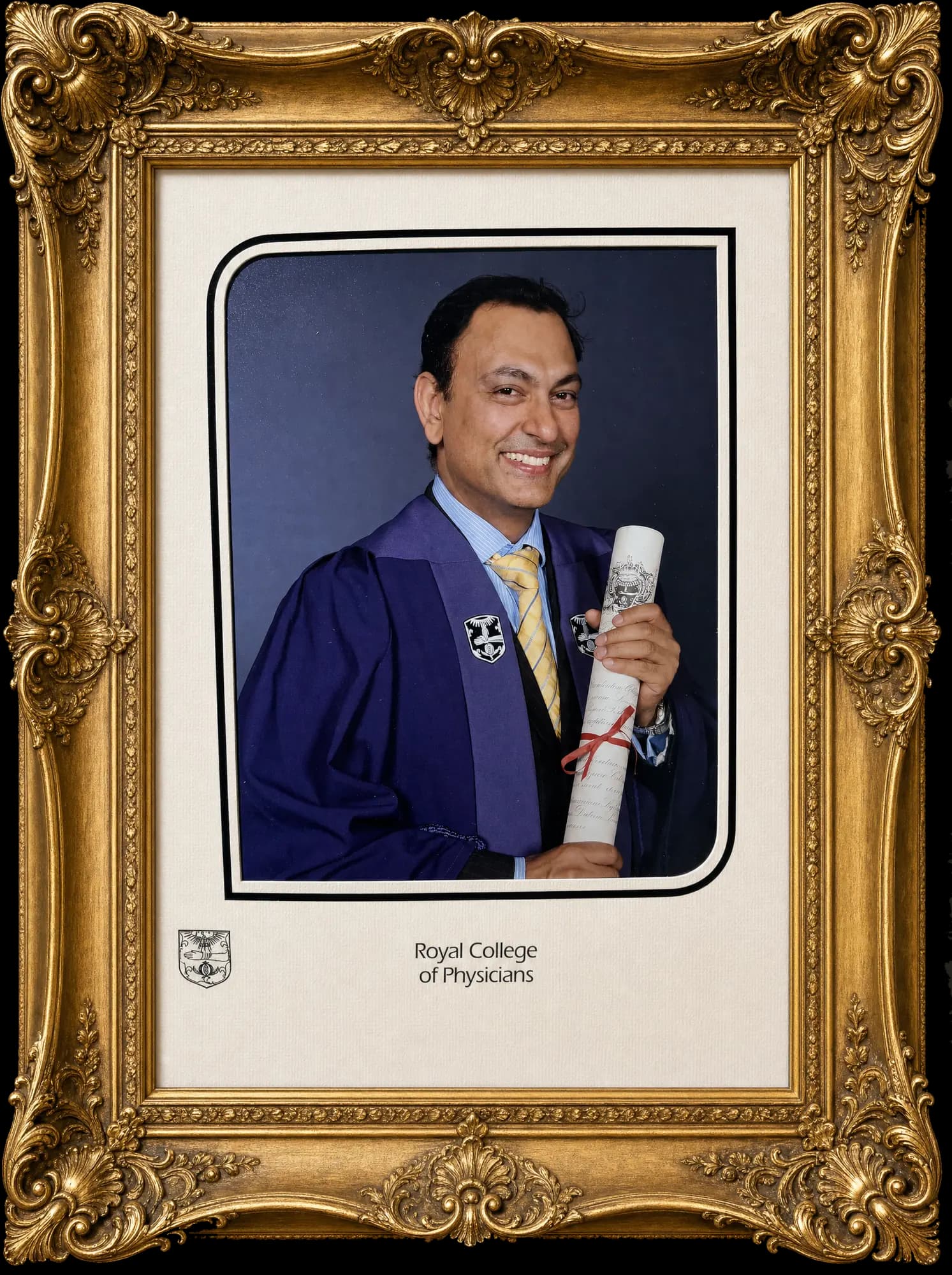 Professor Dhiraj Gupta in academic gown holding the diploma scroll at his Royal College of Physicians fellowship ceremony, London, 2012.