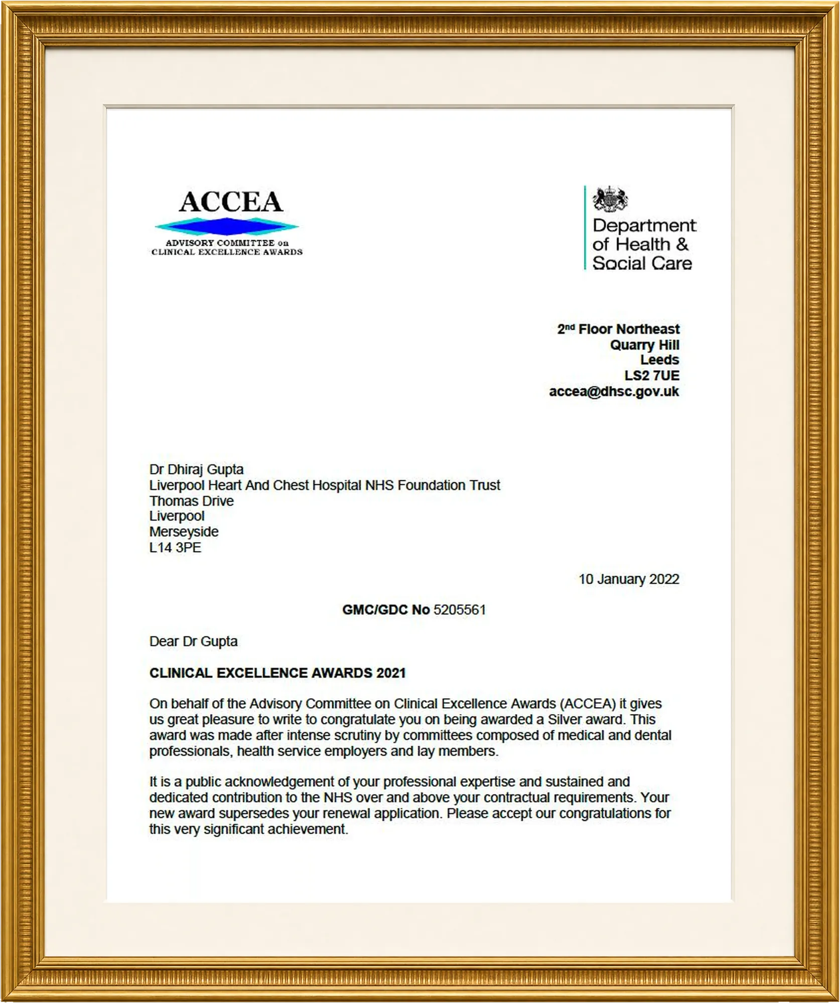 Letter from the Advisory Committee on Clinical Excellence Awards and the Department of Health and Social Care to Dr Dhiraj Gupta at Liverpool Heart and Chest Hospital, dated 10 January 2022, confirming a Silver award under the Clinical Excellence Awards 2021.