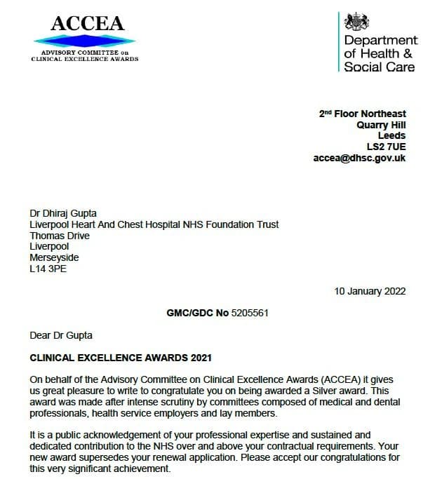 Letter from the Advisory Committee on Clinical Excellence Awards and the Department of Health and Social Care to Dr Dhiraj Gupta at Liverpool Heart and Chest Hospital, dated 10 January 2022, confirming a Silver award under the Clinical Excellence Awards 2021.